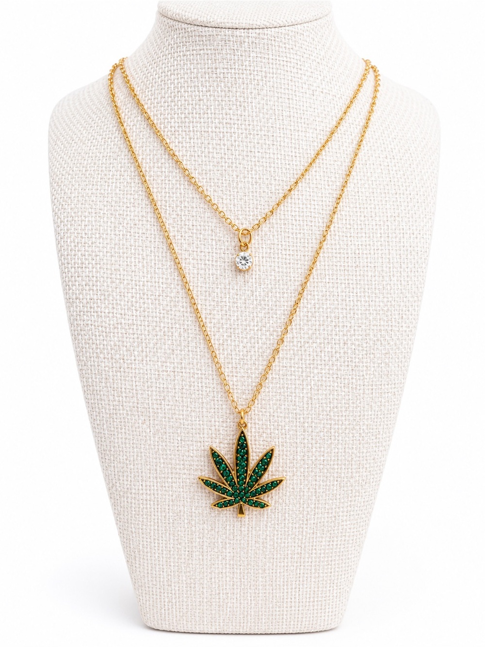 Green Rhinestone Leaf Pendant Layered Gold Tone Necklace with Crystal Accent NWT